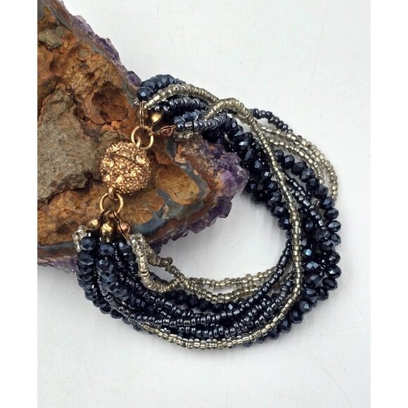Multi-Strand Glass Crystal Beaded Bracelet With Gold-Tone Rhinestone Clasp - Picture 1 of 5